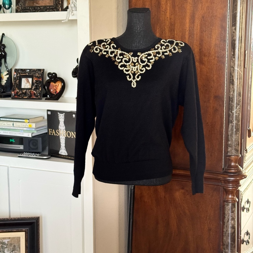Vintage Liz Claiborne Wool Blend Black Embellished Sweater